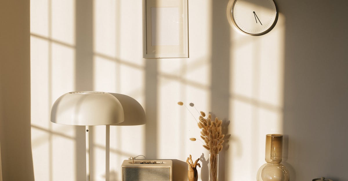 Light room with retro radio and decorative vases with dry plants on desk near wall with clock and window shadow in sunlight